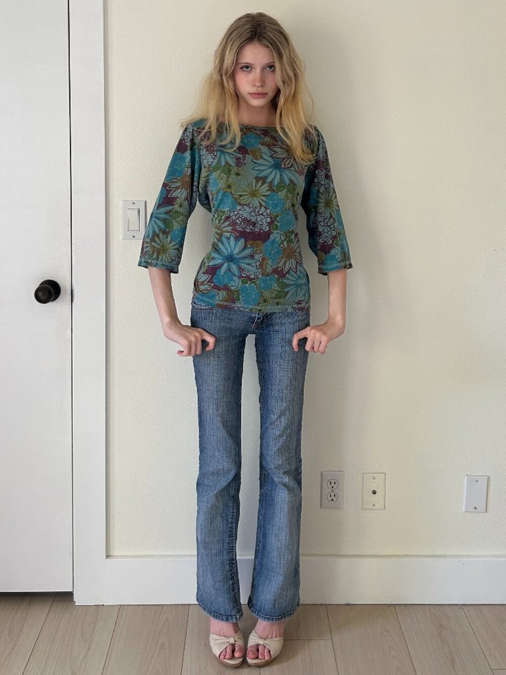 90s Floral Top (M) medium blue vintage womens boho half sleeve preppy ditsy cute